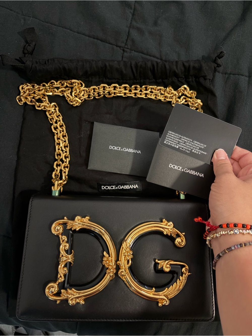 Dolce & Gabbana Black Leather Crossbody with Gold DG Emblem